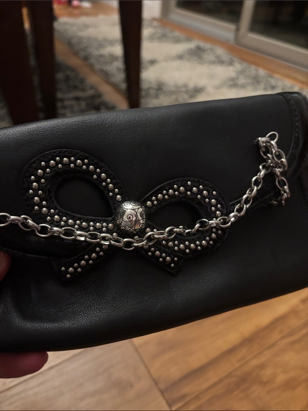 Brighton Legit Luxury ~Women's Black Studded Bow Chain Clutch